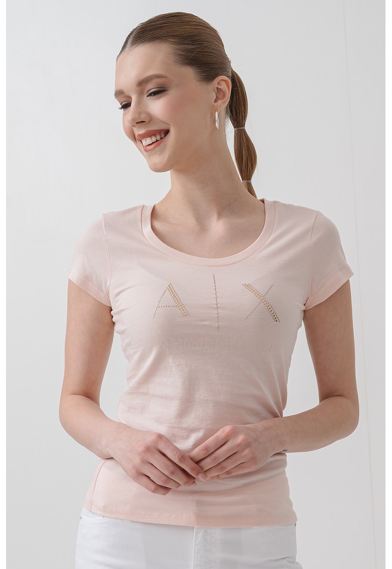 Tricou din bumbac cu aplicatii logo cu strasuri