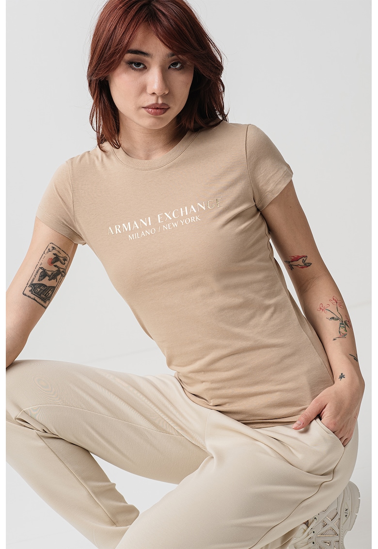 Tricou cu imprimeu logo - Auriu/Maro nisip