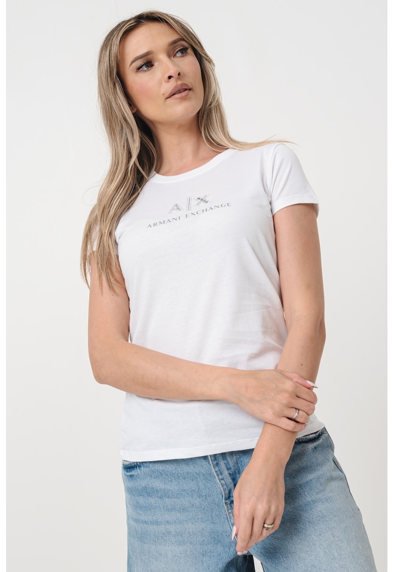 Tricou de bumbac cu decolteu rotund si logo