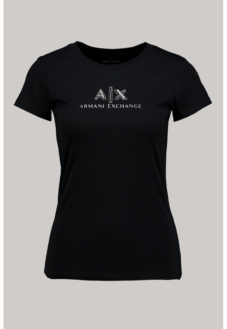 Tricou de bumbac cu decolteu rotund si logo