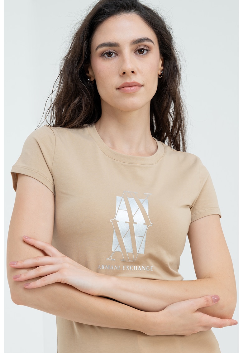 Tricou slim fit cu logo - Maro camel