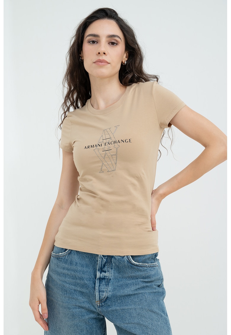 Tricou din amestec de bumbac cu logo - Negru/Maro deschis