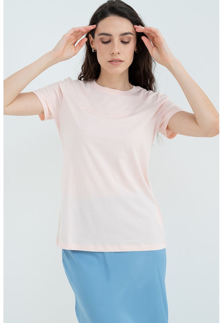 Tricou de bumbac cu decolteu la baza gatului - Piersica