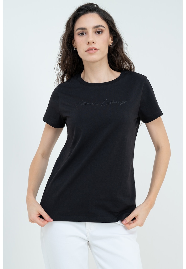 Armani Exchange Tricou de bumbac cu decolteu la baza gatului - Negru