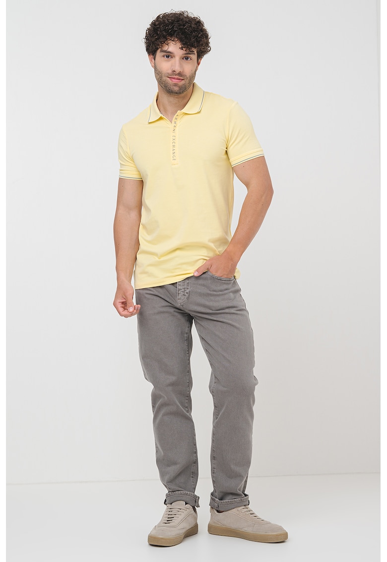 Tricou polo cu fenta cu fermoar - Albastru prafuit/Galben pai