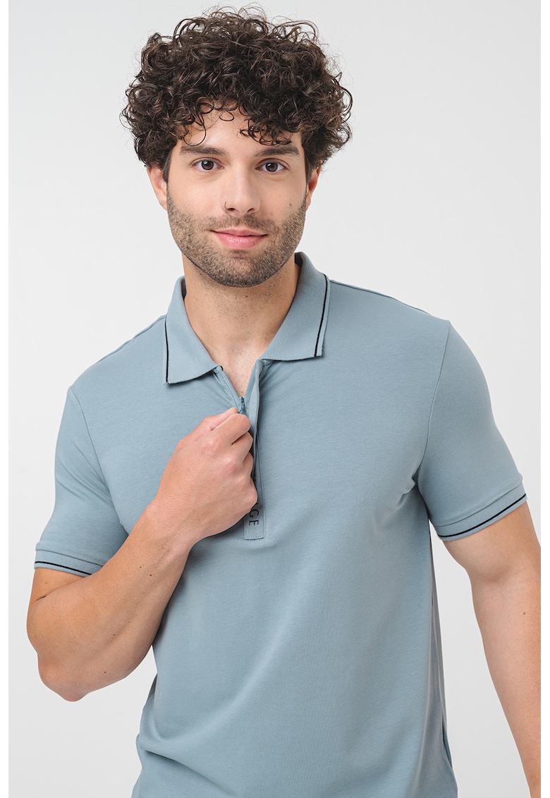 Tricou polo cu fenta cu fermoar - Negru/Verde persan