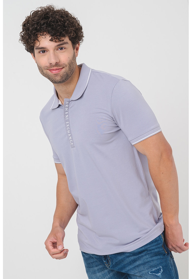 Tricou polo cu fenta cu fermoar - Alb/Lila pal