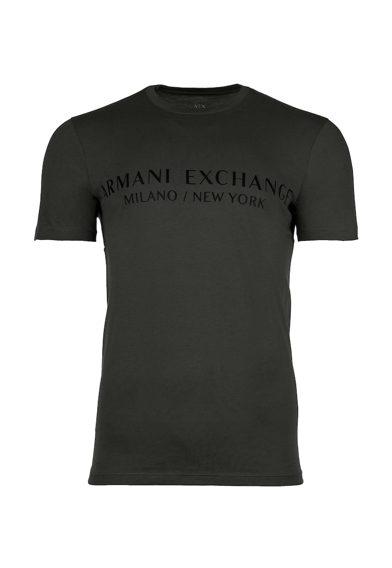 Tricou de bumbac cu decolteu la baza gatului si imprimeu logo - Gri antracit