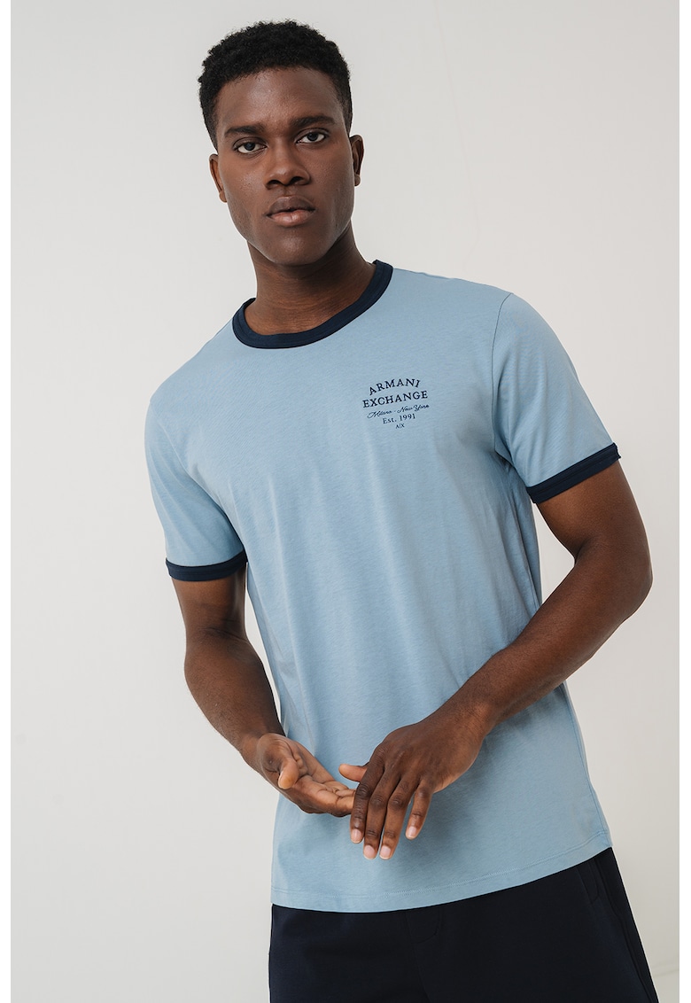 Armani Exchange Tricou cu decolteu la baza gatului - Albastru prafuit