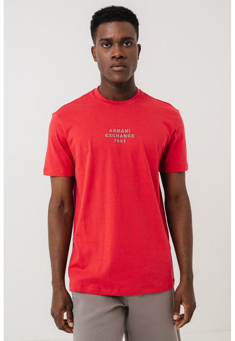 Tricou cu logo si decolteu la baza gatului - Rosu/Kaki