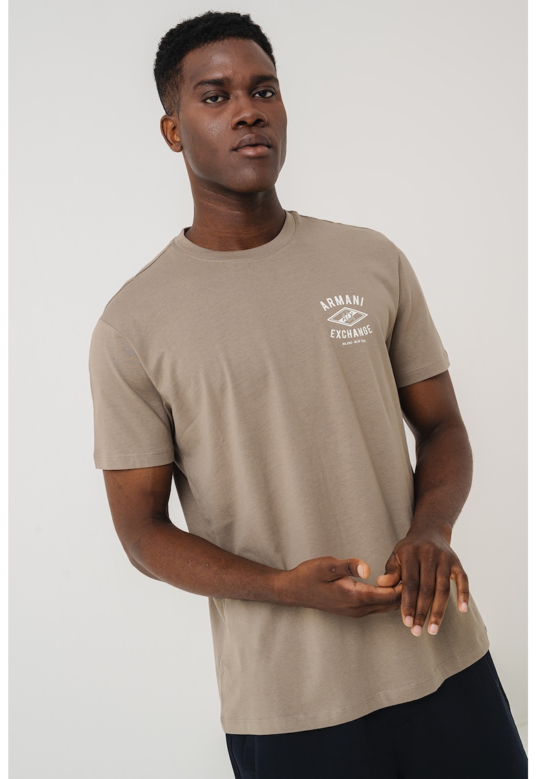 Tricou cu imprimeu logo si decolteu la baza gatului - Maro taupe