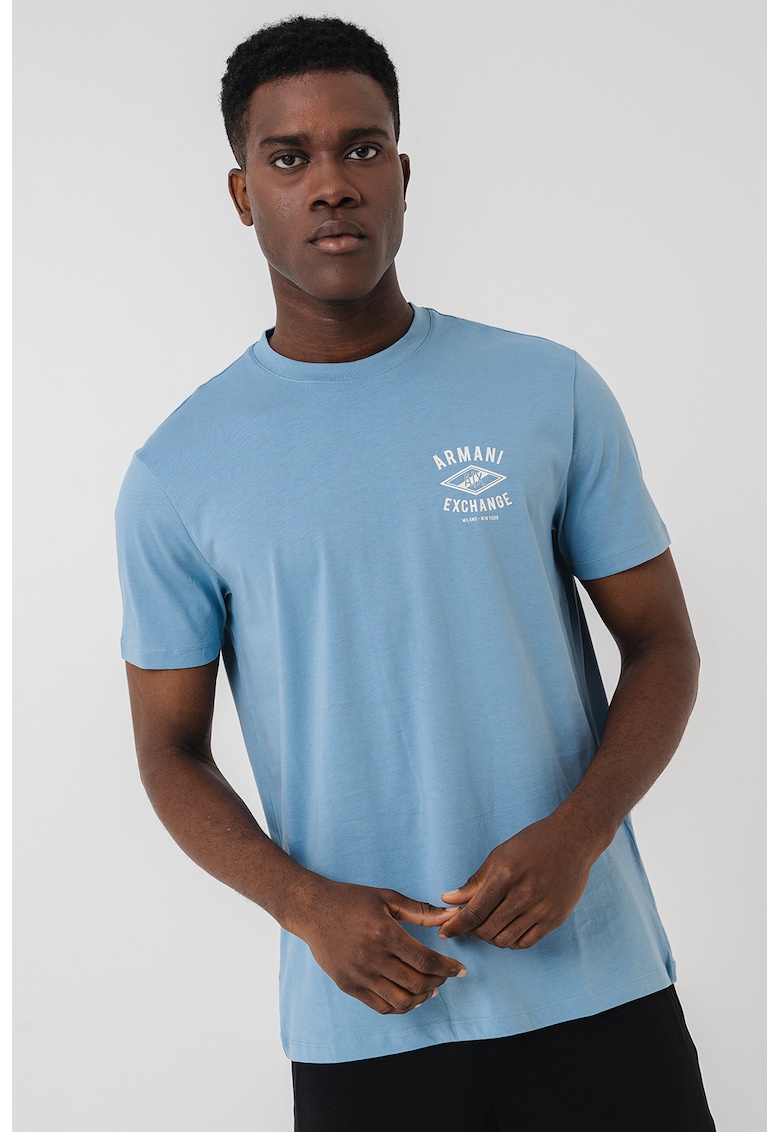 Tricou cu imprimeu logo si decolteu la baza gatului - Albastru pastel