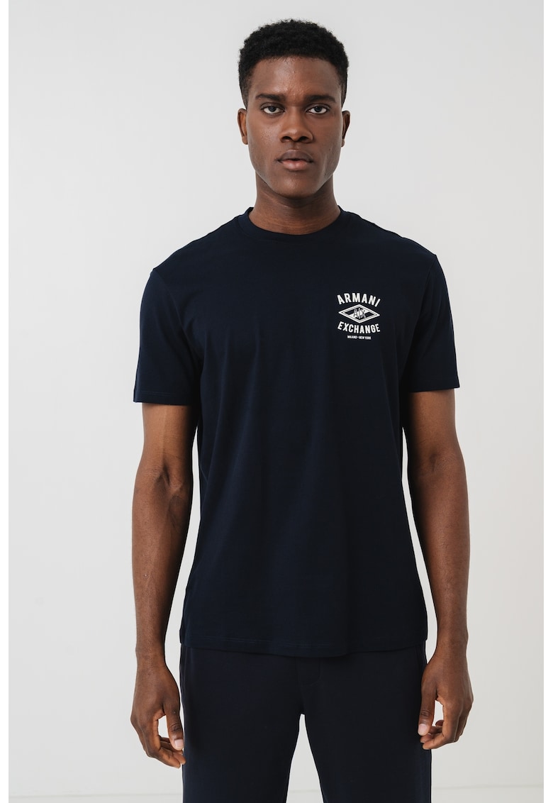 Tricou cu imprimeu logo si decolteu la baza gatului - Alb/Negru stins