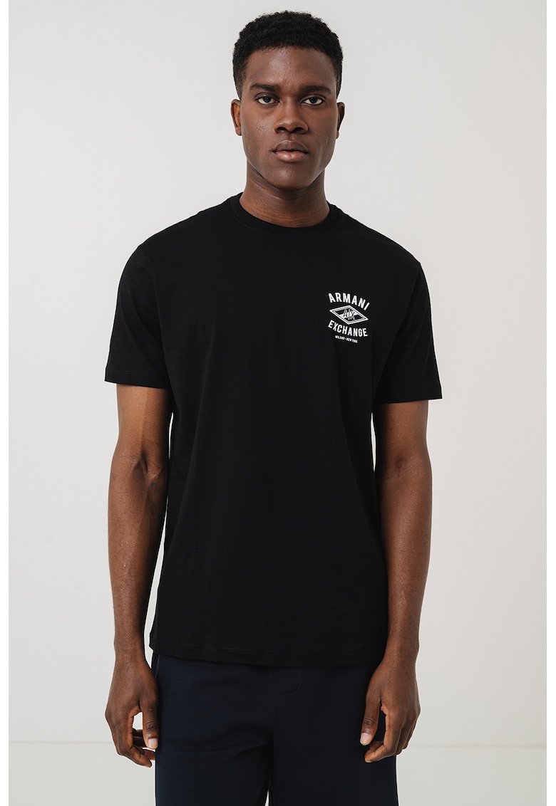 Tricou cu imprimeu logo si decolteu la baza gatului - Alb/Negru