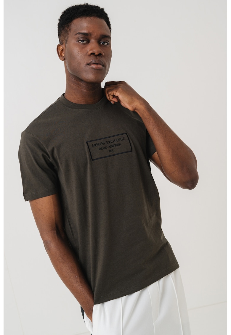 Tricou regular-fit cu logo brodat - Negru/Kaki pal