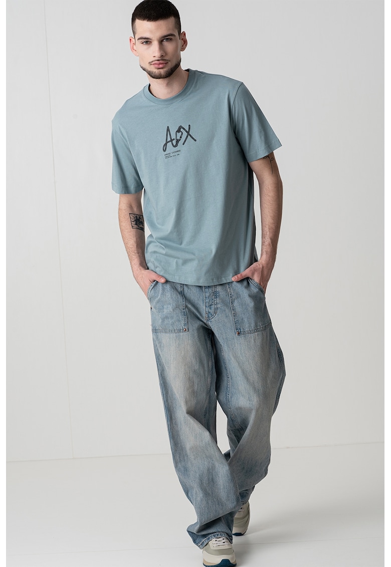 Tricou din bumbac cu imprimeu logo - Albastru prafuit