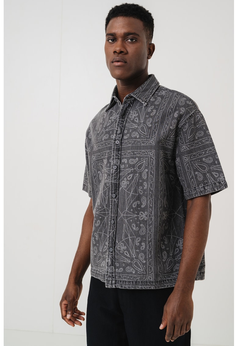 Camasa relaxed fit de bumbac si in - Gri deschis/Gri antracit