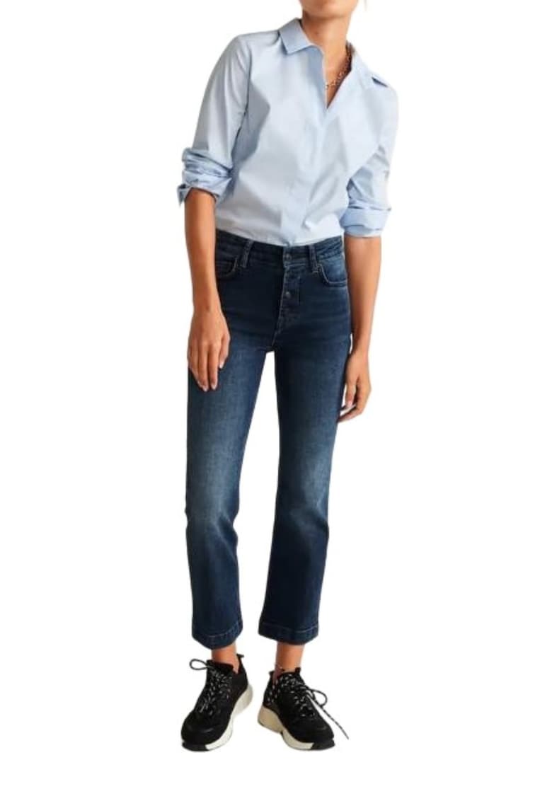 Pantaloni dama drepti - talie inalta - albastru - bumbac-elastan -