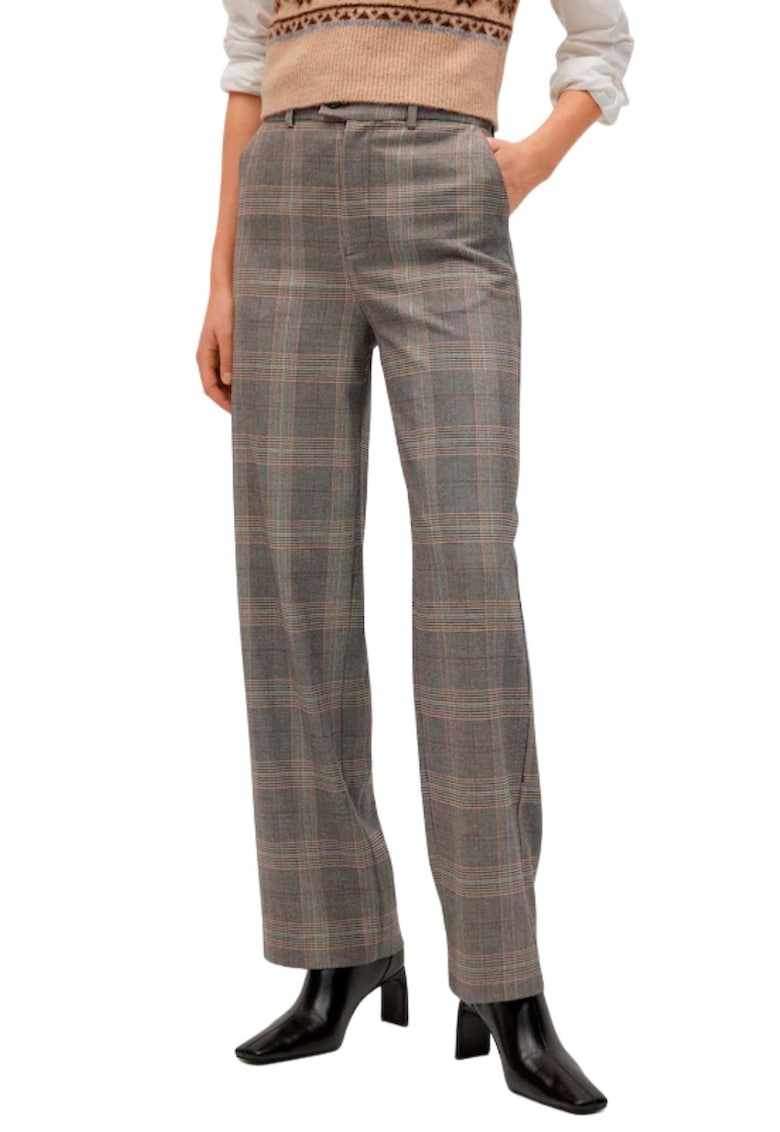 Pantaloni dama talie inalta - model in carouri - maro - poliester-viscoza-elastan -