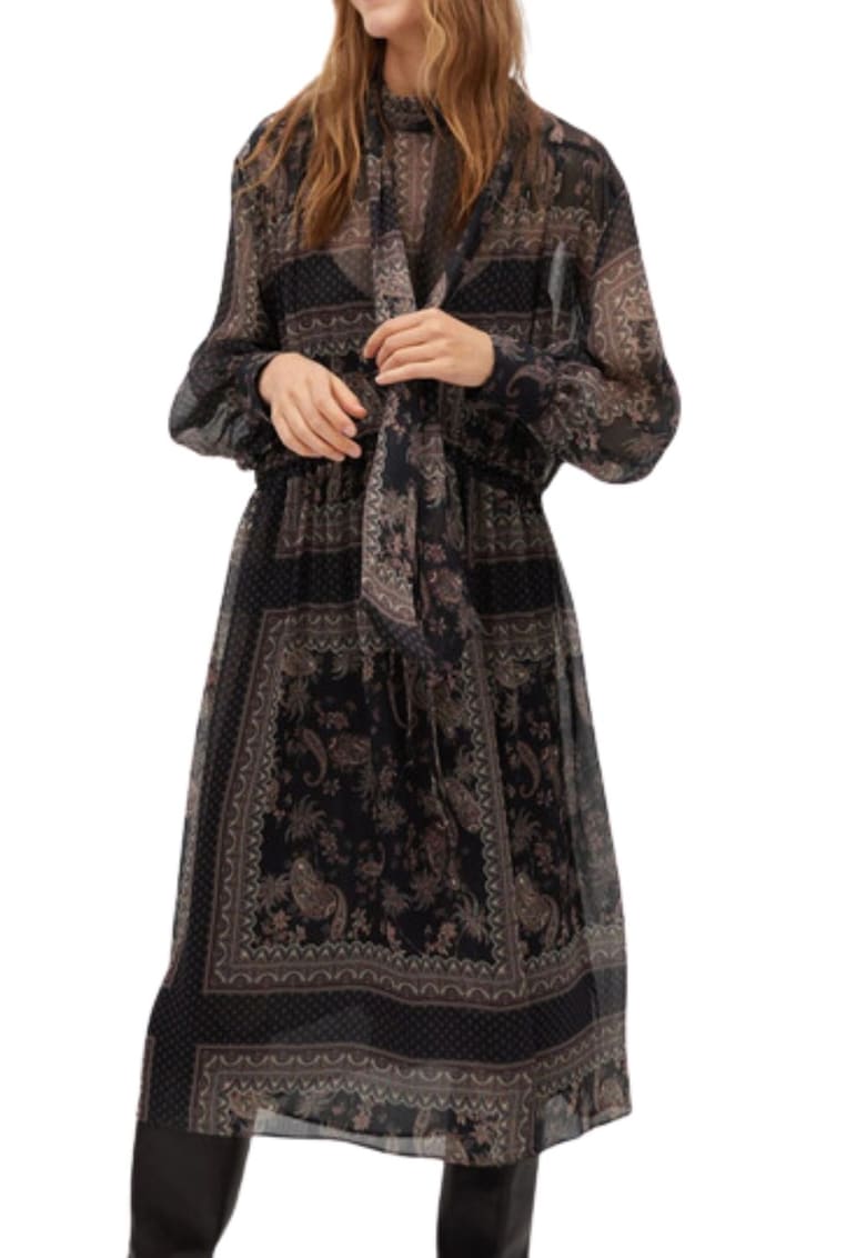 Rochie midi - neagra - poliester - guler ridicat - evazata -