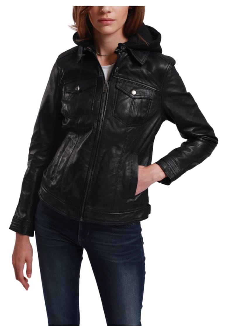 Geaca dama Cooper - piele naturala - cu gluga detasabila - neagra -