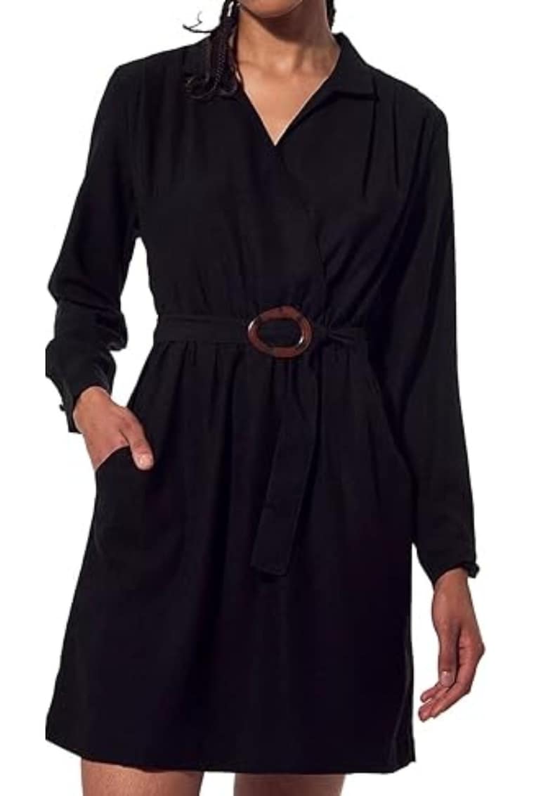 Rochie neagra - cu volane si curea - din poliester - pentru femei - Rochie neagra - cu volane si curea - din poliester - pentru femei -