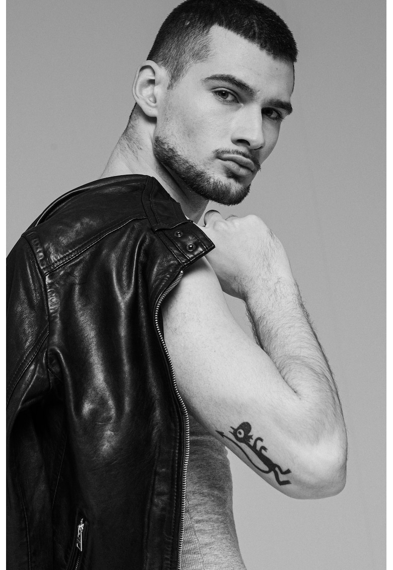 Jacheta biker slim fit de piele - Negru