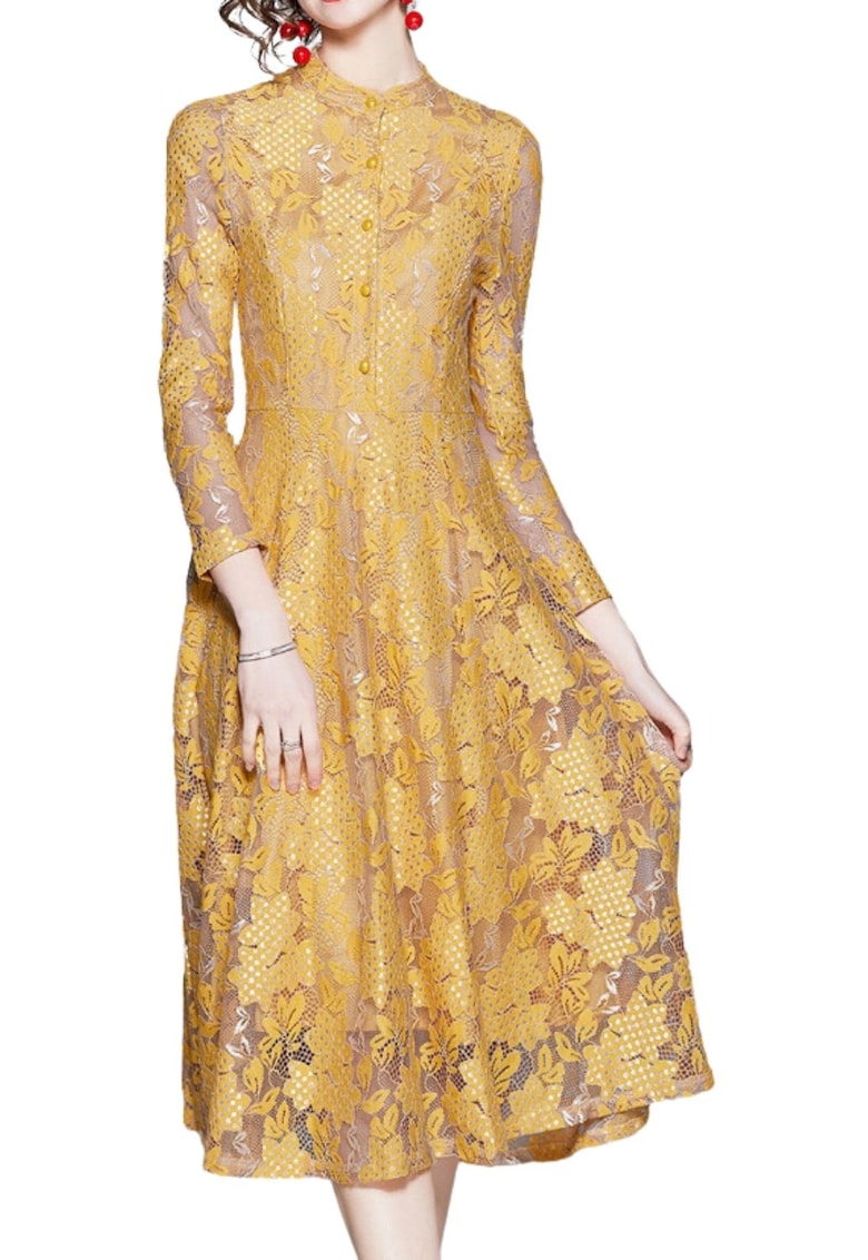 Rochie midi - Kamilan - galben - dantela - flori - 100% poliester -