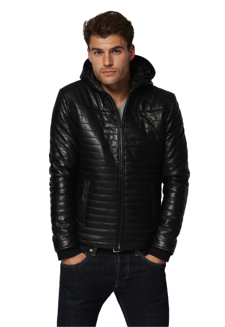 Geaca pentru barbati cu gluga - matlasata - cu piele naturala - negru