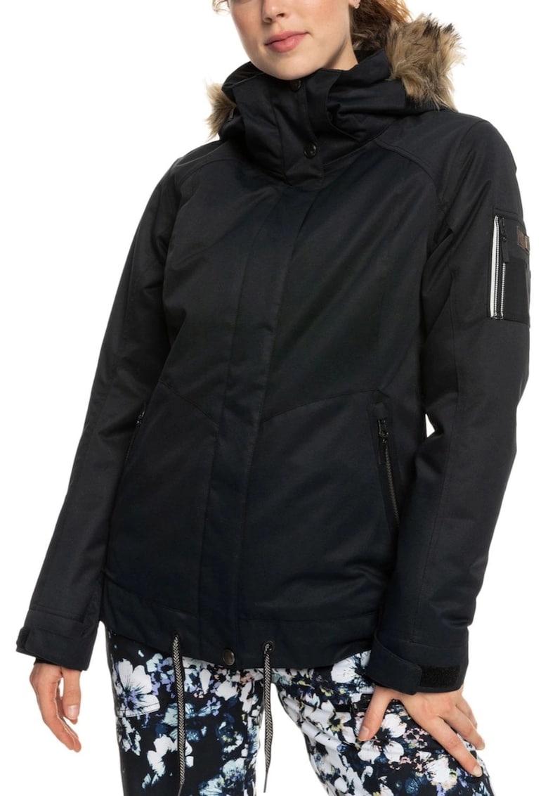 Jacheta de snowboard si schi pentru femei impermeabila - neagra - poliester - cu gluga detasabila