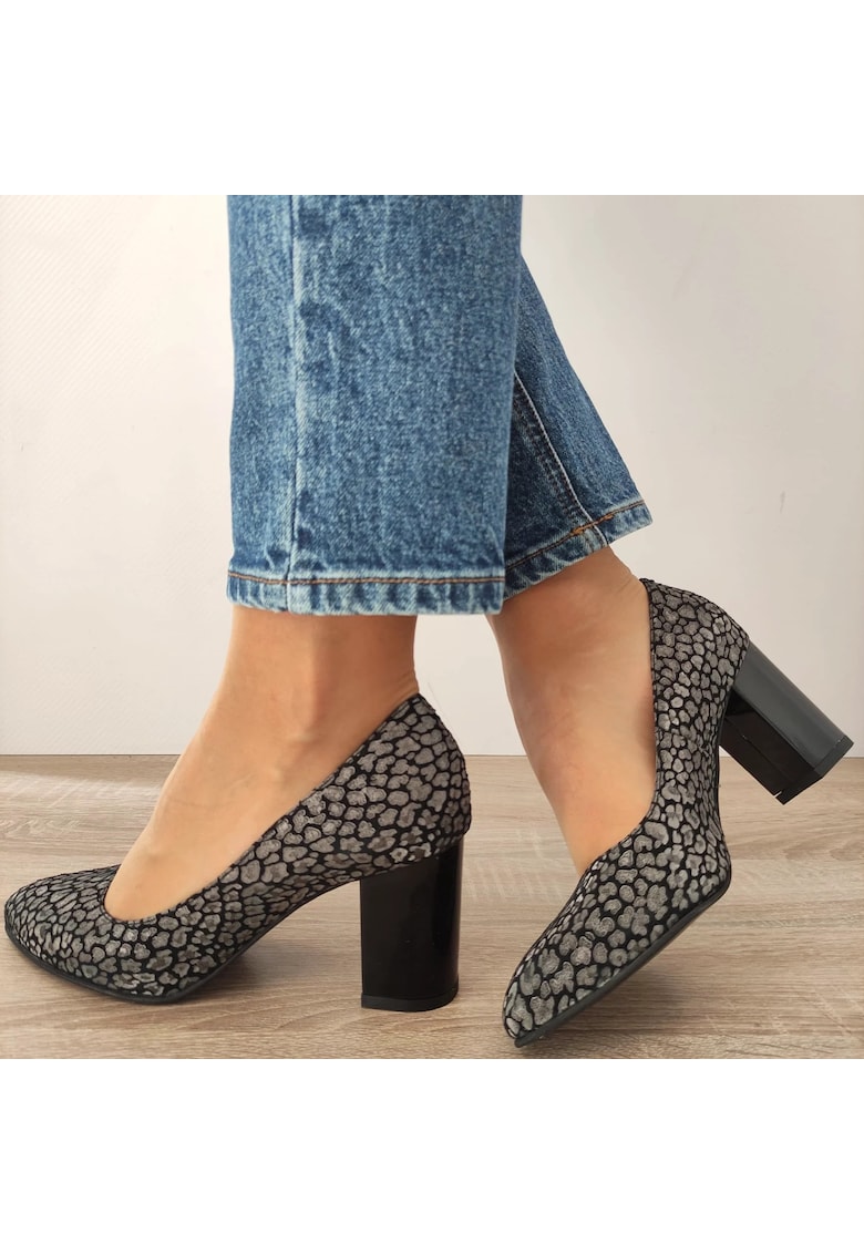 Pantofi Eleganti Dama 470-13 Negri Velur + Argintii - Negru Velur + Argintiu