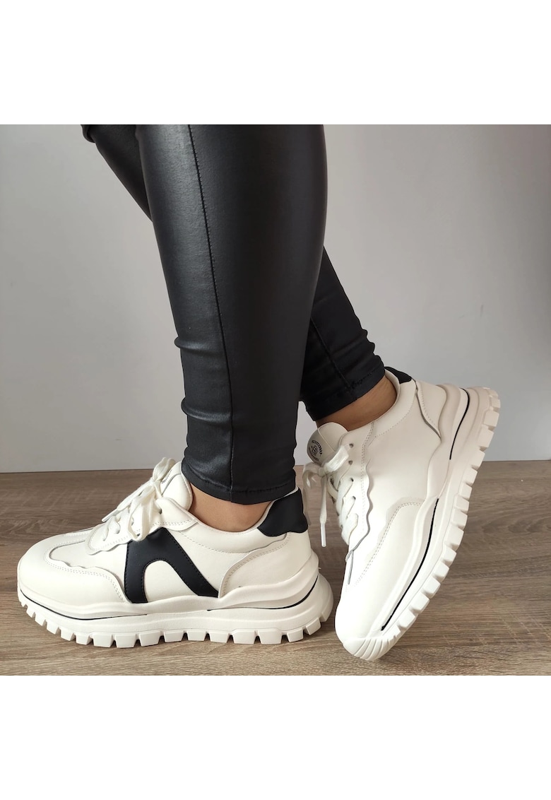 Pantofi Casual Dama P2367 Off White - Off White + Black
