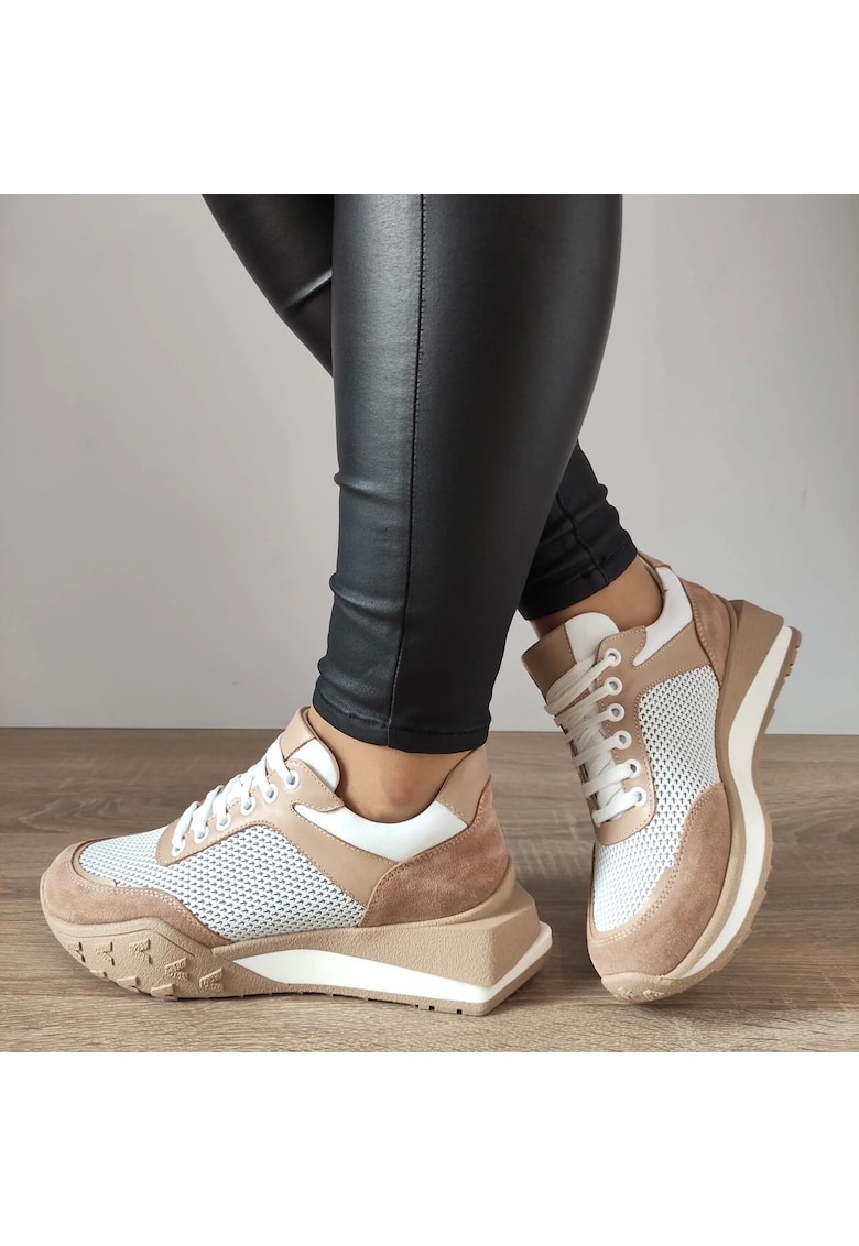 Pantofi Casual Dama 70826 G2077-01157 Albi + Bej Velur - Alb + Bej Velur