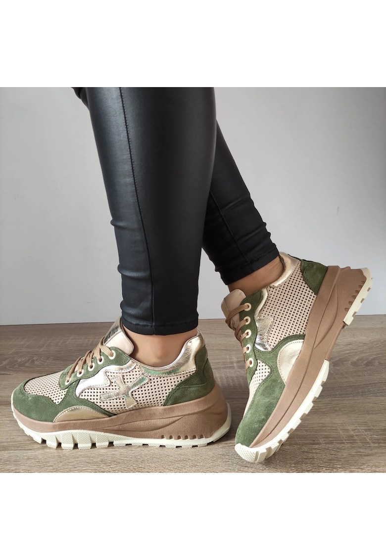Pantofi Casual Dama 70829 G2080-01146 Bej + Olive Velur - 37 - Bej + Olive Velur