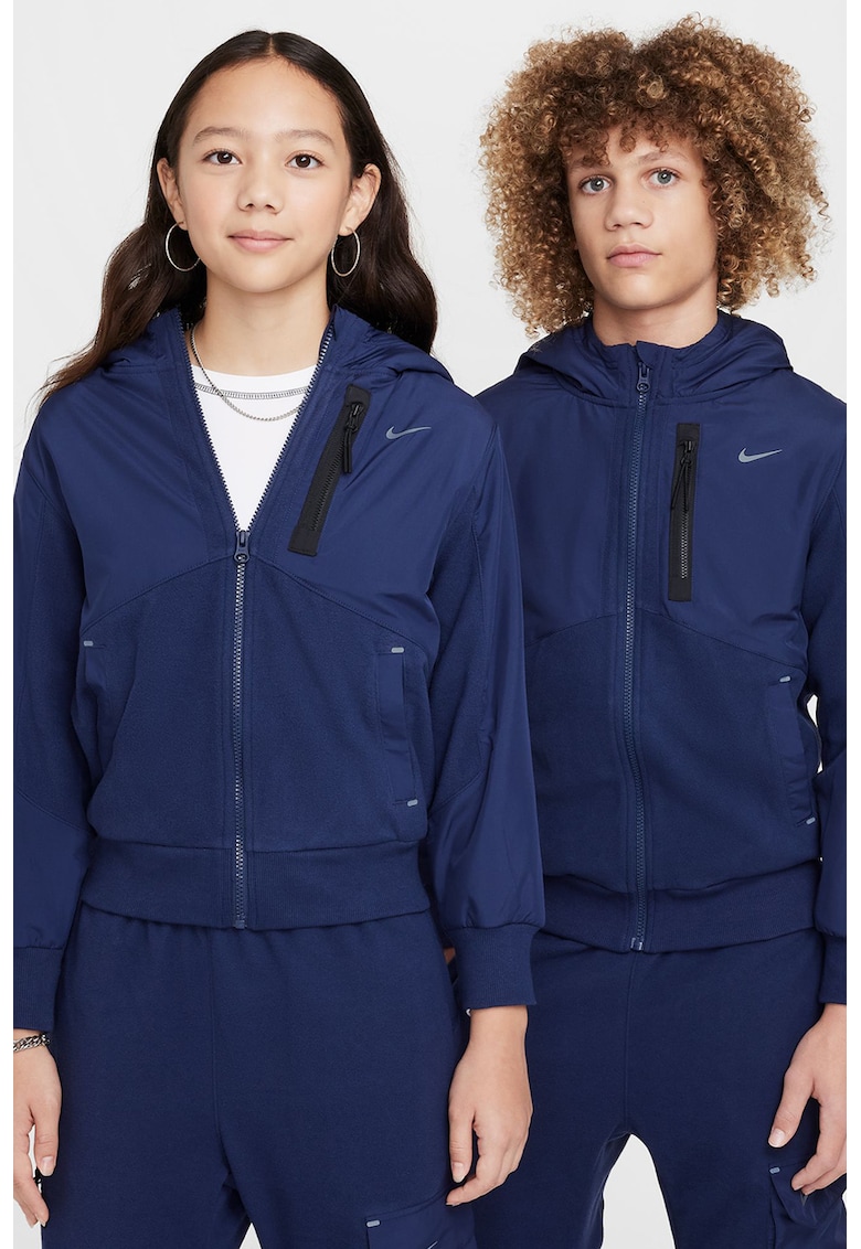 Hanorac cu fermoar si detalii din fleece - Bleumarin