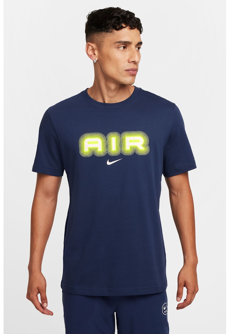 Tricou de bumbac cu imprimeu logo - Verde neon/Bleumarin