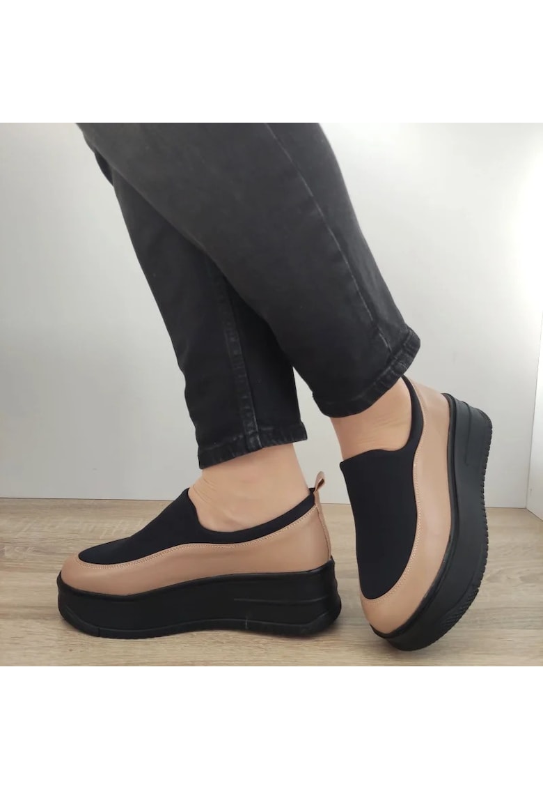 Pantofi Casual Dama 1375-9 Grej Capucino + Stretch Negru - Cappuccino