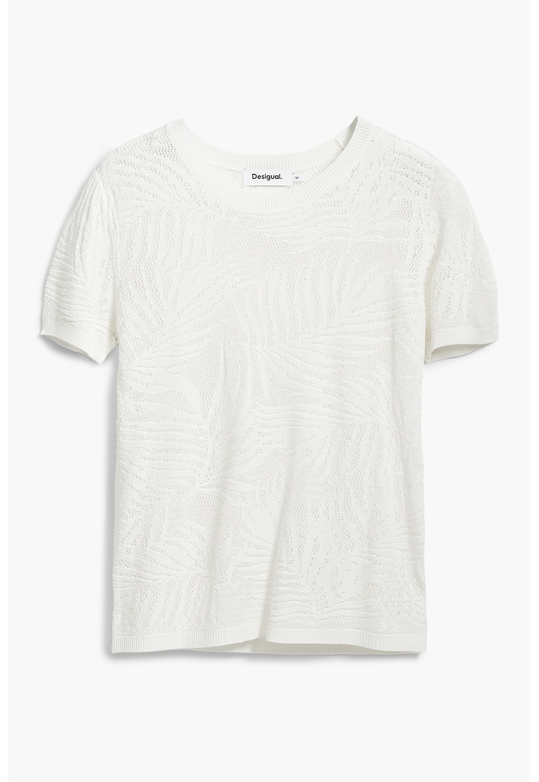 Tricou cu decolteu la baza gatului si model - Alb fildes