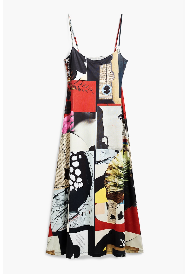 Rochie evazata cu imprimeu grafic si aspect satinat