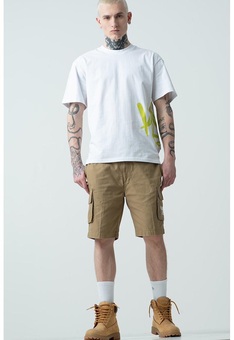 Tricou de bumbac cu imprimeu logo - Alb/Verde lime