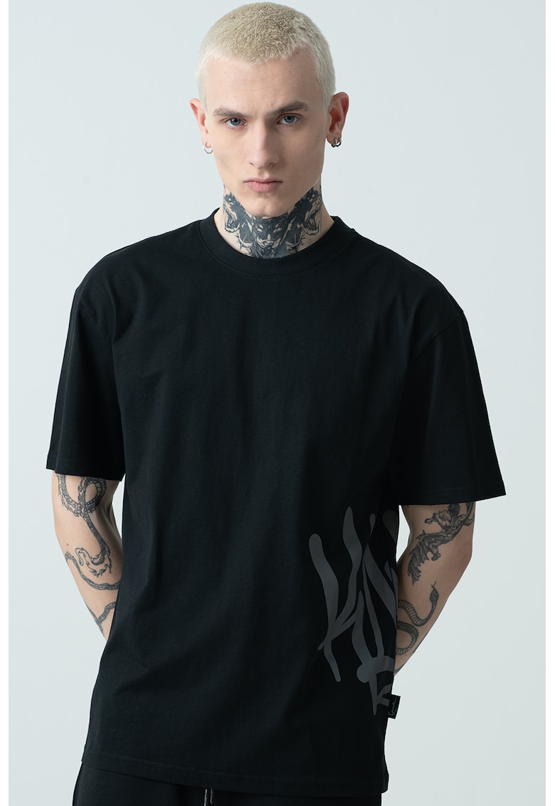 Tricou cu decolteu la baza gatului si imprimeu logo - Negru/Gri