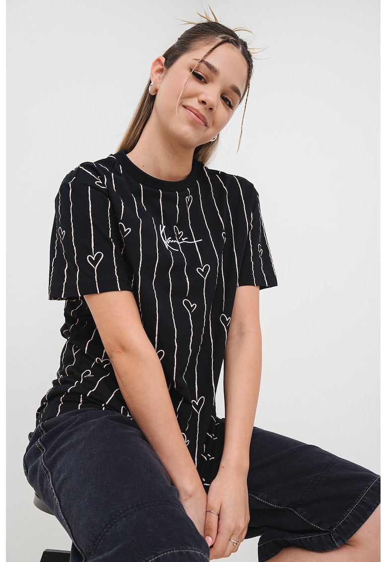 Tricou cu dungi si inimi - Negru/Piersica