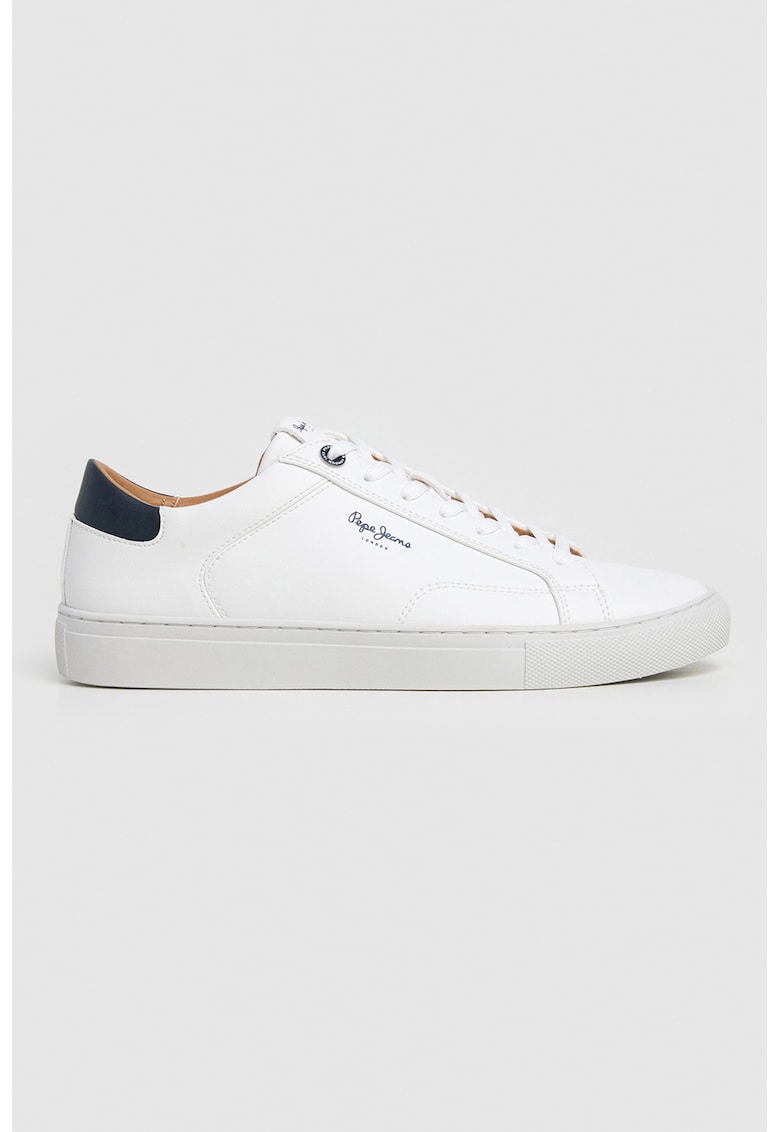 Pantofi sport de piele ecologica cu talpa plata - Alb optic/Bleumarin