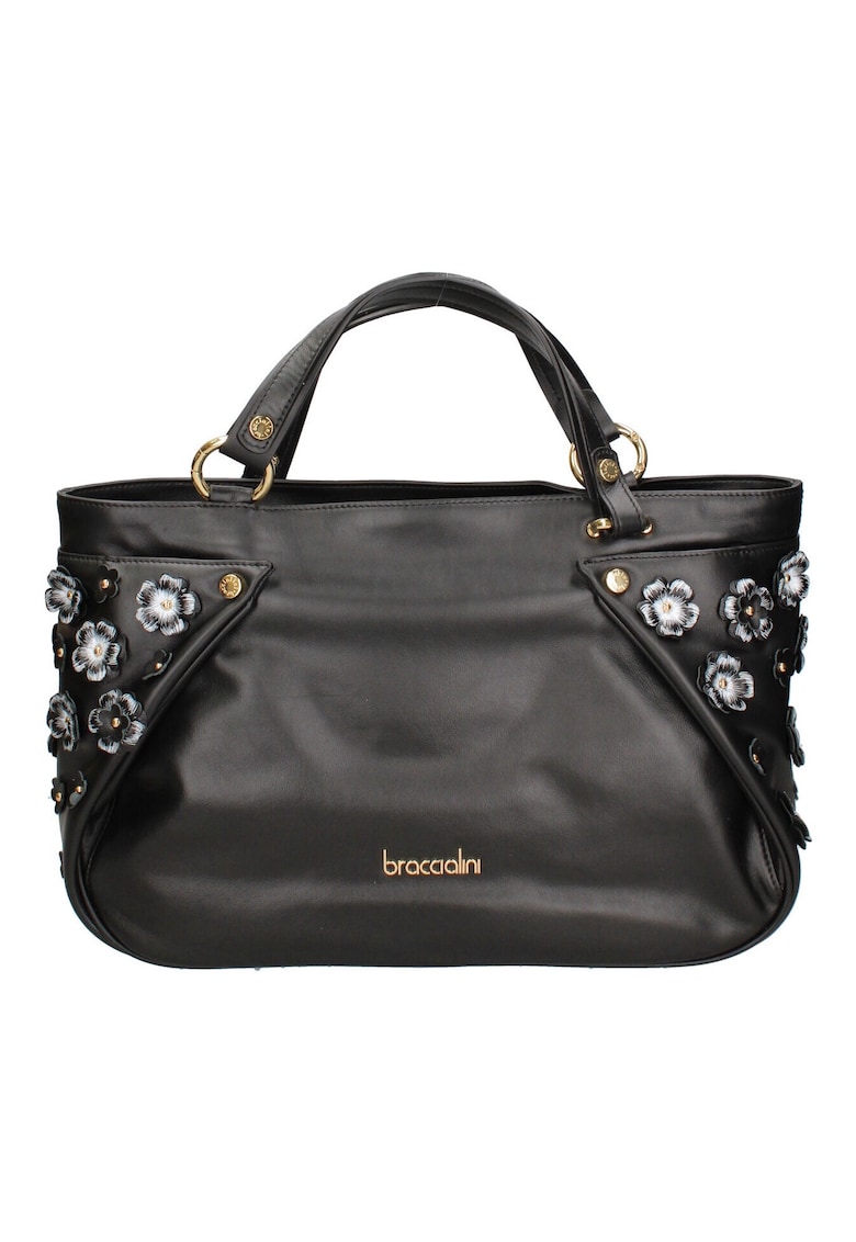 Geanta din piele cu bareta de umar si aplicatii florale