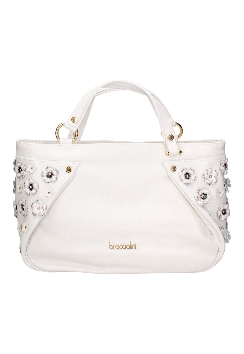 Geanta din piele cu bareta de umar si aplicatii florale