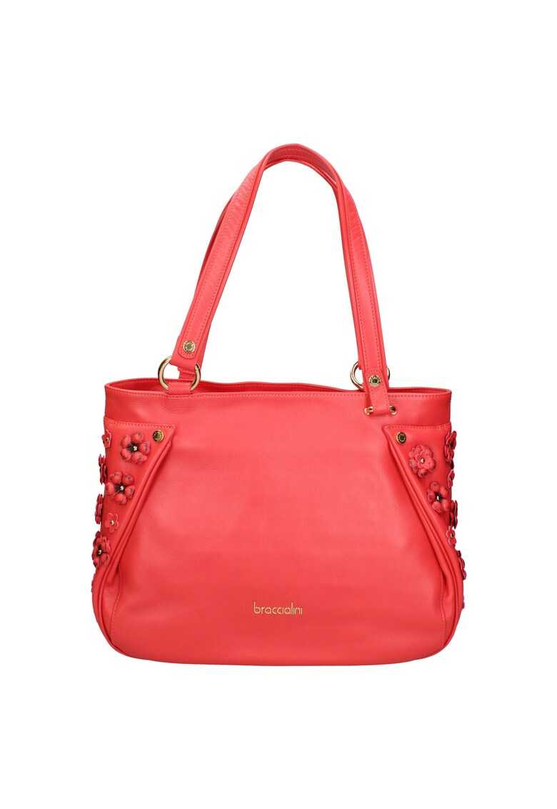 Geanta din piele cu bareta de umar si aplicatii florale