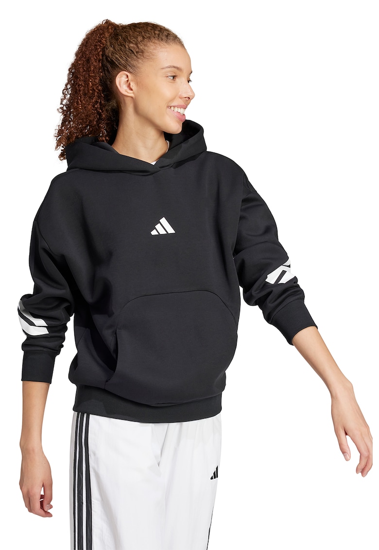 Hanorac din amestec de bumbac cu buzunar kangaroo - Negru/Alb optic