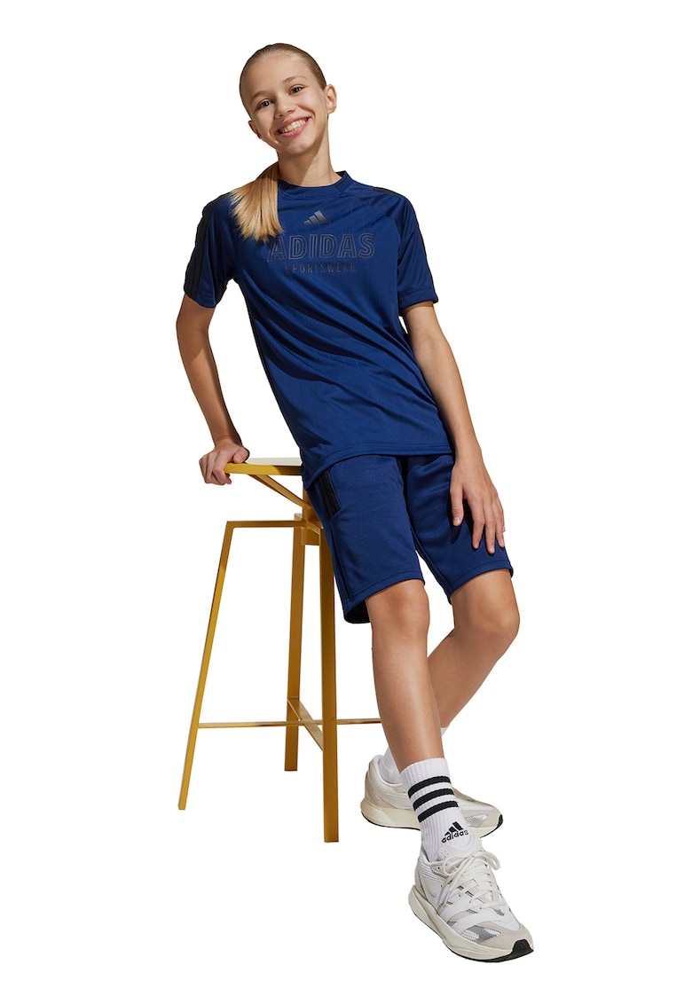 Tricou cu logo si decolteu la baza gatului - Albastru inchis