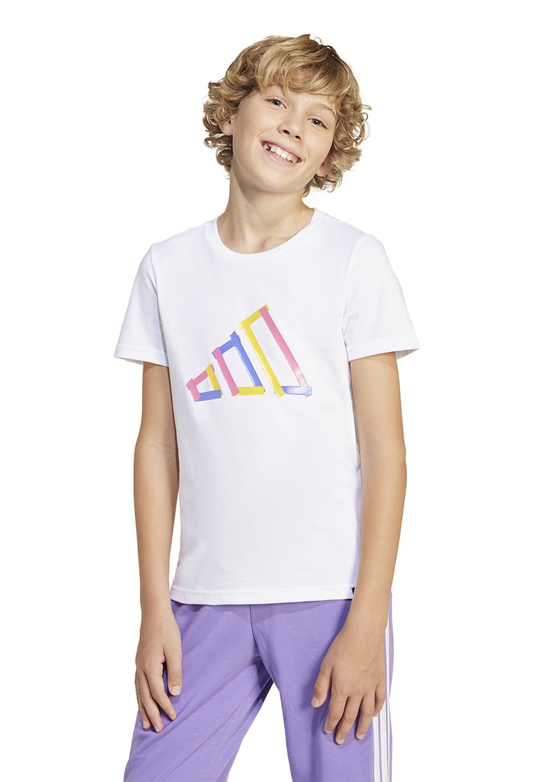 Tricou cu decolteu la baza gatului si imprimeu logo - Alb/Galben/Roz