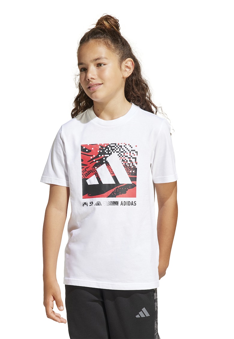 Tricou cu decolteu la baza gatului si imprimeu - Rosu/Alb/Negru